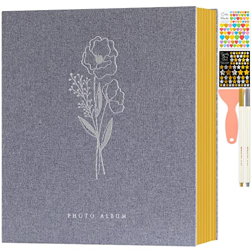 Lanpn Fotoalbum Selbstklebend Einkleben Scrapbook, Leinen Groß Weiße Seiten Fotobuch zum Selbstgestalten mit Metallischer Stift 10x15 13x18 A4 A5 Bilder (Große,40 Blatt/80 Seiten,Grau)