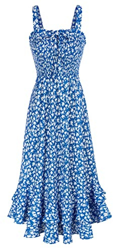 GRACE KARIN Women Strappy Floral Beach Boho Dress Square Neck A Line Smocked Maxi Dress for Summer Blue Floral M