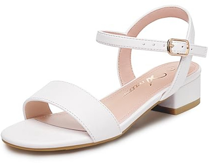 Athlefit White Sandals Heels for Girls Open Toe Ankle Strap Chunky Heel Girl Dress Shoes Party Wedding Communion Strappy Sandals White PU Size 4 Big Kid
