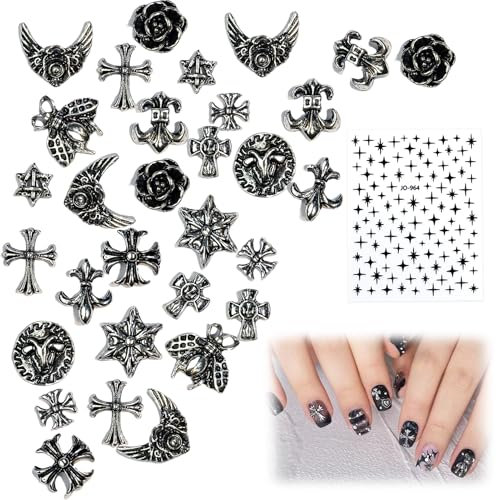 50PCS Cross Nail Art Charms 3D Punk Metal Nail Decorations for Women & Girls, Halloween Antique Silver DIY Manicure Accessories, Gothic Rose, Studs, Rivets, Hearts, Stars, Ornaments for Nail Design