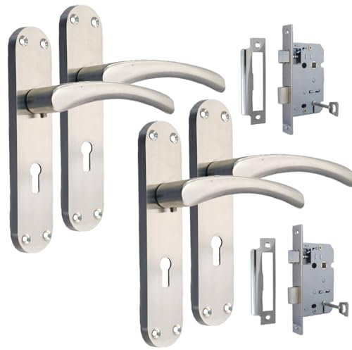 Epsom Door Handle Internal Satin Nickel Twist Door Handle Set and 3 Lever sash Lock, Interior Lock Lever on Long Back Plate, Privacy Lockable Handle for Bathroom, Bedroom, Front Door. 2 Sets