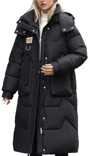 liaddkv Winter Fashion Solid Color Detachable Hood Mid Length Above Knee Thickened Down Coat with Double Large Pockets for Women Quilted Jacket Teenager, black, M