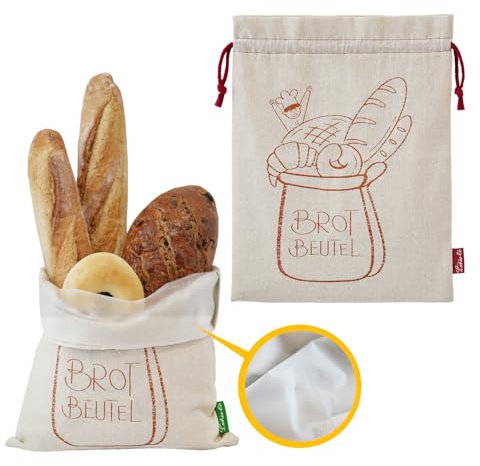 Feherlo Brotbeutel Leinen mit TPU-Futter 2 Stück (43x33cm), zur Aufbewahrung Frischhalten, Brotbeutel mit Innenfolie, Brotsack zum Frischhalten Leinen, Leinenbeutel für Brot, Bread Bag, Brottasche