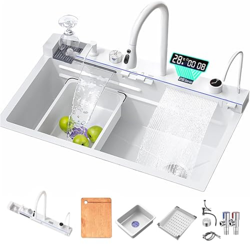 Diskbänk multifunktionell digital display vattenfall handfat med glasbricka, tvåldispenser, vattenfall, bordskontroll (vit, 68 x 46 x 21 cm)