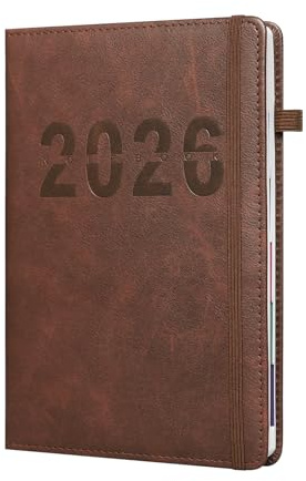 Agenda 2026 Semainier A5 Journalier pour 12 Mois Planificateur Semainier,Agenda Scolaire Bureau Couverture en PU Cuir avec ruban signet(Marron 1)