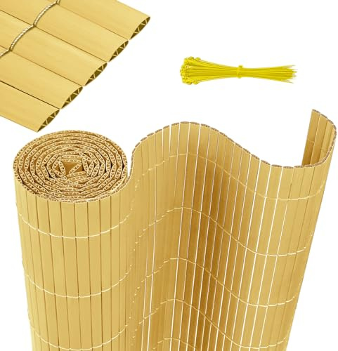 HENGMEI PVC Sichtschutzmatte Sichtschutzzaun Balkonverkleidung Sichtschutz Wasserdicht Sichtschutzzaun mit Kabelbindern Verstärkte Lamellen Privatsphäre PVC Zaun Blickdicht, 200x1000cm, Bambus