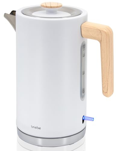 briebe Nordic Bollitore Elettrico 1,7L, Teiera Elettrica Infusione 2200 W, Ebollizione Rapida, senza BPA, Base 360°, Controller Strix, Spegnimento Automatico, Design Nordico Effetto Legno, Bianco