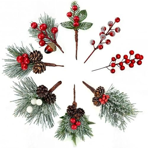 40 picconi di pino con bacche rosse e pigne, steli floreali smerigliati per albero di Natale e decorazioni invernali