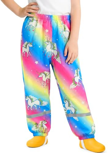 FILOWA Pantalon Impermeable Niñas Pantalones de Lluvia Ligeros Unicornio Estampado Transpirables Pantalón Barro con Tiras Reflectantes sin Forro Peto de Lluvia Exterior Ciclismo Escuela para 9-10 años