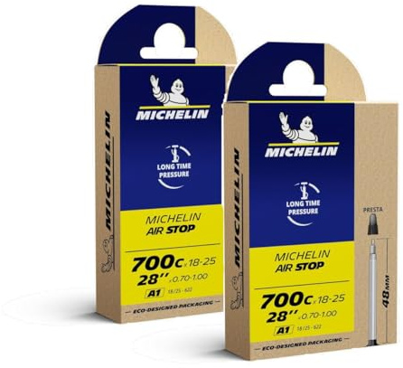 MICHELIN - Lot de Deux Chambres à air A1 AIRSTOP 700C 18/25X622 PR52 - Access Line - Valve Presta 52mm - Résistance aux crevaisons - Idéale pour vélos de Route - ETRTO 18/25-622 - Réf. CAI 075096.