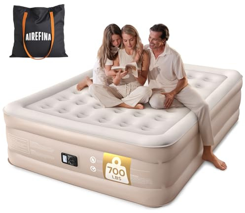 Airefina Luftmadrass Queen med integrerad pump, förbättrad uppblåsbar madrass på 5,49 meter med transportväska, luftmadrass för camping i hemmet, uppblåsbara madrasser med max 317 kg