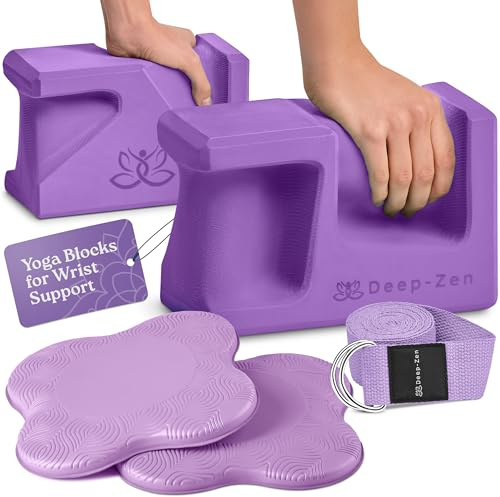 Deep-Zen PRO Yoga Blocks | Ergonomic Yoga Block 2 Pack for Wrist Comfort and Support | EVA Foam Exercise Blocks, 2x Knee Pads & Yoga Strap | Pilates Block Set | Bricks to Eliminate Wrist Pain (Purple)
