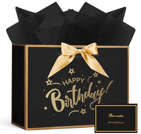 AOOSU Bolsas de Regalo Elegantes, Bolsas Regalo para Cumpleaños, 28x20x10cm Bolsos de Papel con Asas con 3 Envoltorios y 1 Tarjeta para Cumpleaños, Fiestas(Negro oro-Birthday)
