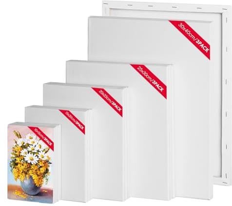 RITOLLO 15 stycken målardukar för målning, 10 x 15, 15 x 20, 20 x 25, 25 x 30, 30 x 40 cm (3 stycken vardera), 280 g/m² dukar på kilram för akryl, olja, akvarell, perfekt för hobbyutövare, konstnärer