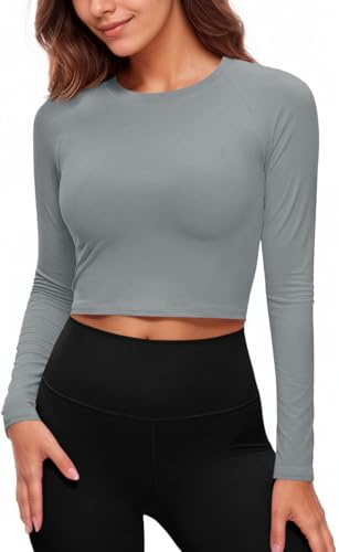 Fisoew Camiseta deportiva para mujer UPF 50+, protección solar, manga larga, cuello redondo, yoga, entrenamiento, crop, transpirable, ajustada, camisetas