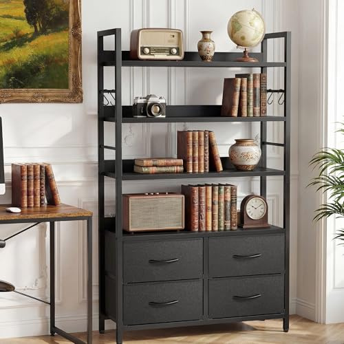 YITAHOME Industrial Bookshelf, 4-Tier Bookcase with Adjustable Shelves & 4 Fabric Drawers, Freestanding Display Shelf with Metal Frame for Living Room, Bedroom, Office, Black