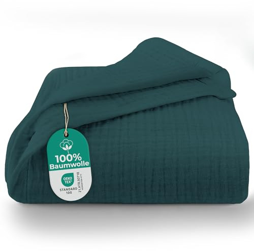 Dreamzie Manta Sofa de Muselina 220x240 cm - 100% Algodon - Manta Ligera y Transpirable - Mantas para Cama y Cubre Sofa en Gasa de Algodon Oeko-Tex - Verde Petroleo