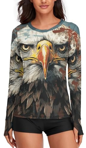 Drapeau national avec aigle à tête blanche Rashguard pour femme Protection UV UPF 50+ Haut d'entraînement à manches longues Dry Fit Chemise de randonnée, blanc, XL