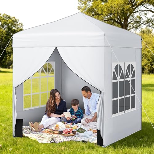 COSTWAY Pop Up paviljong 2 x 2 m, trädgårdspaviljong med avtagbara sidoväggar, metallram, genomskinliga fönster, 4 sandsäckar, rullväska, vikbar paviljong för grill, picknick, camping (vit)