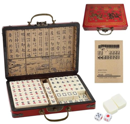 JYQOQH Mini Mahjong Set, 144PCS Mahjong Tiles, Portable Mini Chinese Majong Set, Engraved Mahjong Game Set with 2Pcs Dice, Leather Carrying Case Box, for Travel, Family Gathering, Party