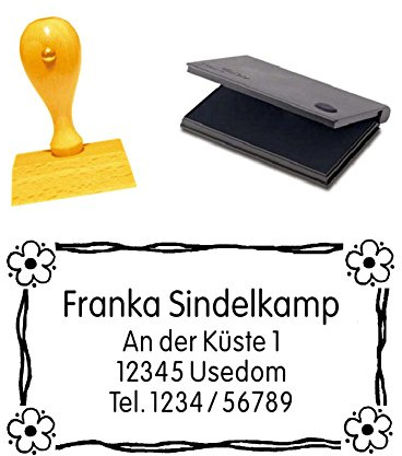 Trästämpel med adress blomram inkl. stämpelkudde – avtrycksstorlek ca : 5 x 3 cm