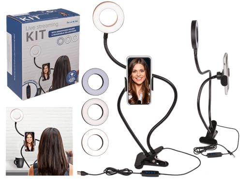 Live Streaming & Vlogging Kit con Soporte para teléfono móvil e iluminación LED, Hecho de plástico con Brazo Reforzado de Metal Resistente para un posicionamiento Exacto, en Caja de Regalo