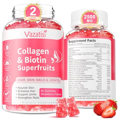 Vazatisi 2 Pack Sugar Free Collagen Gummies for Women Men, Multi Collagen Peptides Gummies Type I II III V X with Biotin Vitamin A B C D E for Hair Skin Nails, Strawberry Flavor, 120 Count