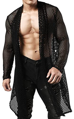 Herren Strickjacke Lang Jacke Muskel Transparent T-Shirt Netz Hemd Atmungsaktiv Muskelshirt Baggy Casual einfarbig Sweatshirt Langarm Pulli Strickjacke Mantel
