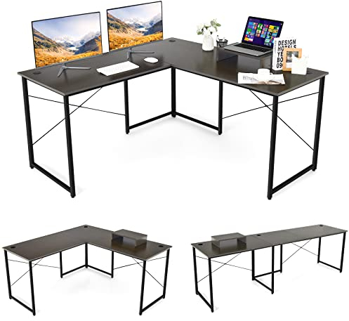 COSTWAY Schreibtisch L-Form, reversibler Eckschreibtisch mit Monitorständer, Ecktisch mit 3 Kabellöchern, Gaming Computertisch Bürotisch für Home Office, 150 x 150 x 74 cm (Braun)