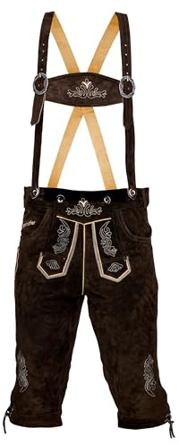 Bavarian Knee-Length Lederhosen for Men - Designed in Germany - Genuine Leather Pants with H-Style Suspenders, Color: Dark Brown, US Size: 40