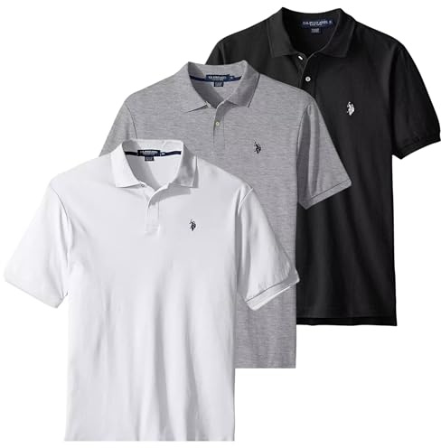 U.S. Polo Assn. 3 Pack Men's Classic Fit Short Sleeve Pique Polo T Shirt, Cotton Golf Shirt for Men, HGry/Wht/Blk, L