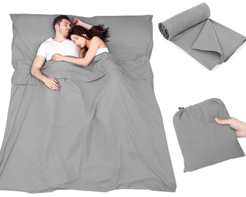 Plliocse Saco de dormir con forro de sábana de viaje, tamaño doble, 160 x 210 cm, con bolsillos de almohada para adultos, viajes, hoteles, viajes de negocios, camping (gris, 160 x 210 cm)
