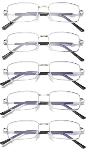 Hubeye 5 Pack Metal Reading Glasses for Men Blue Light Blocking Square Rectangle Computer Readers Spring Hinges Anti Eyestrain/Glare/UV Ray Mens Eyeglasses 1.50