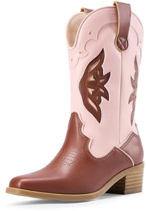 DREAM PAIRS Botas vaqueras vaqueras occidentales para niñas, a media pantorrilla, zapatos de equitación para niños pequeños y grandes, Rosa y marrón, 13 UK Child