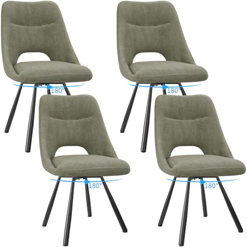 FRUOGO Lot de 4 Chaises de Salle à Manger, Chaise de Cuisine Pivotante à 180°, Chaises de Coiffeuse en Imitation Cachemire Coton, Moderne Capitonnée Chaise Salon avec Pieds en Métal, Gris Vert