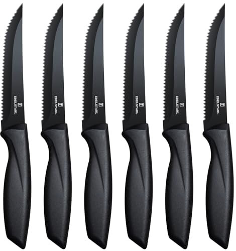 targzier Coltello da cucina professionale, set di 6 coltelli da bistecca, coltello da bistecca in acciaio inox di alta qualità, coltelli da tavola resistenti, utensili da cucina neri