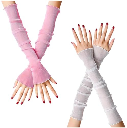 JK Home 2 Pairs Women's Glitter Long Ultra-thin Lace Gloves Sun UV Protection, Cooling Mesh Tulle Sunscreen Sleeves Fingerless Arms Legs Accessories for Party Outdoor Sport White Pink