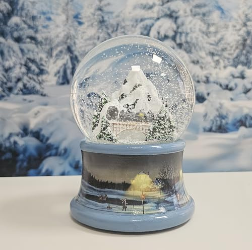 Sfera di neve di Natale con musica, palla di neve paesaggio di montagna con ponte, base paesaggio invernale blu, larghezza 100 mm, altezza 140 mm, carillon meccanico, decorazione | 20287