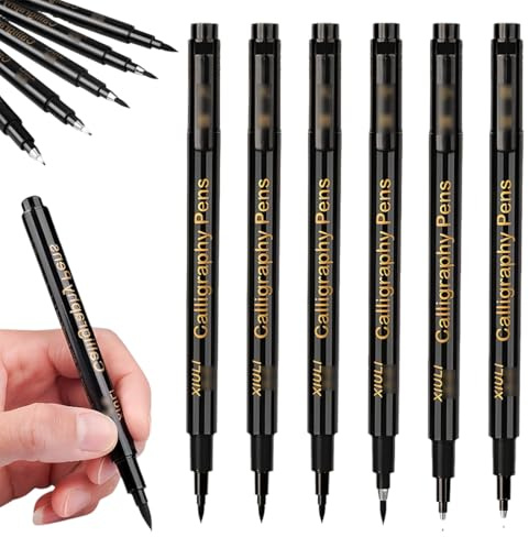 JUGUTA Lot De 6 Stylos De Calligraphie - Stylo À Bille - Feutre Noir - Pinceau - Marqueur De Calligraphie - Pour L'Écriture, Le Journal Débutant, La Signature Et L'Écriture (4 Tailles)