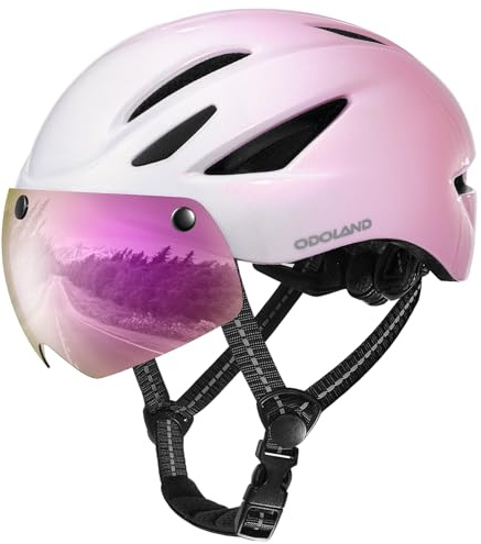 Odoland Casco da Bicicleta per Adulti con Visiera Magnetica Casco da Ciclismo Leggero con Visiera Parasole Rimovibile Caschi MTB Traspirante per Uomini e Donne, Rosa Sfumato