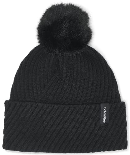 Calvin Klein Women's Diagonal Rib Winter Beanie with Faux Fur Pom, Black, One Size