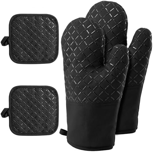 Set di guanti da forno e tappetini resistenti al calore, guanti da cucina antiscivolo resistenti alle alte temperature, set da 4 pezzi, resistenti al calore fino a 250 °C, adatti per cucinare, cuocere