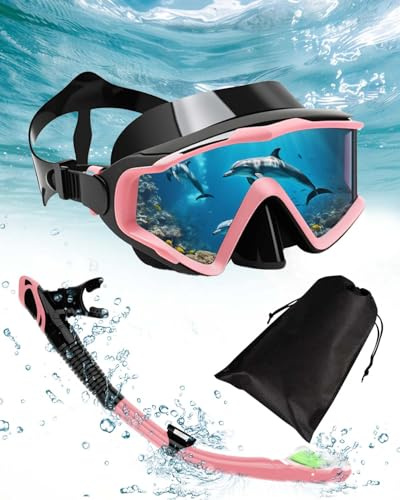 Lorrtta Adult Snorkelling Set, 180° Panoramic Diving Mask with Dry Top Snorkel, Anti-Fog Tempered Glass Swim Mask for Men & Women – Black & Pink