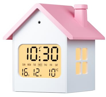 Cloka Alarm Clock for Kids, LCD Digital Alarm Clock Bedside with Light, Temperature, Date & Day, Snooze, 12/24H, Backlight, Mains & Battery Operated Small House-shaped Clock (Included Battery)
