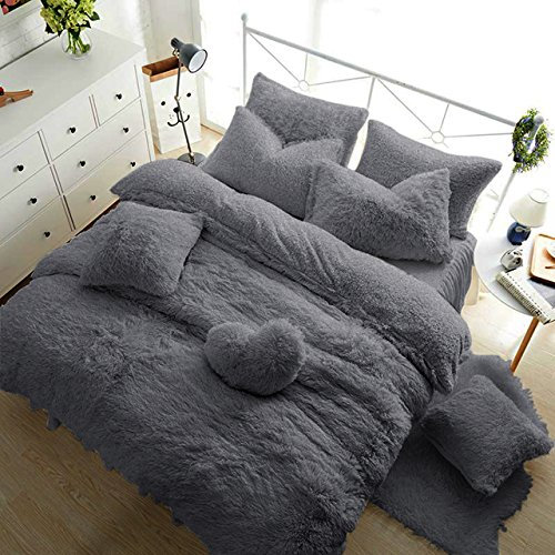 Teddy Fleece Duvet Cover with Pillow Case Thermal Warm Soft Cozy Bedding Bed Set (Silver Grey, King Duvet Cover Inc P/Case)