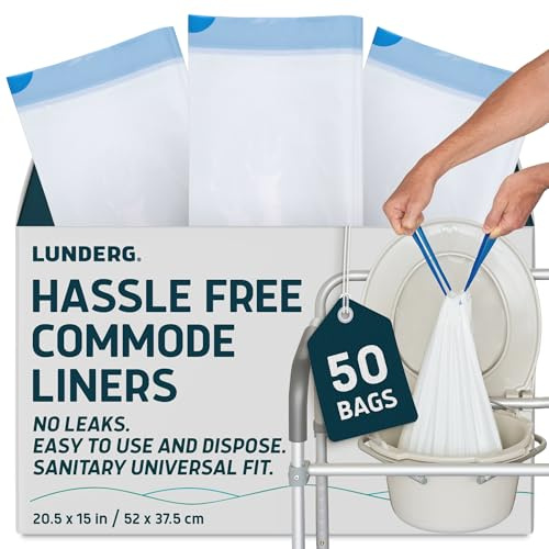 Lunderg Commode Liners - Value Pack 50 Count Universal Fit - Medical Grade Bedside Commode Liners Disposable for Adult Commode Chair, Portable Toilet Bags or Camping Toilet Bags