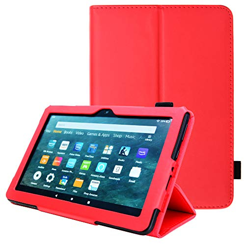 TECHGEAR Custodia in pelle Disegnato per Amazon Fire HD 8 / HD 8 Plus 2020, Cover di Alta Qualità in PU Pelle con Supporto e Cinturino a Mano e funzione Auto Svelgia [Rosso]