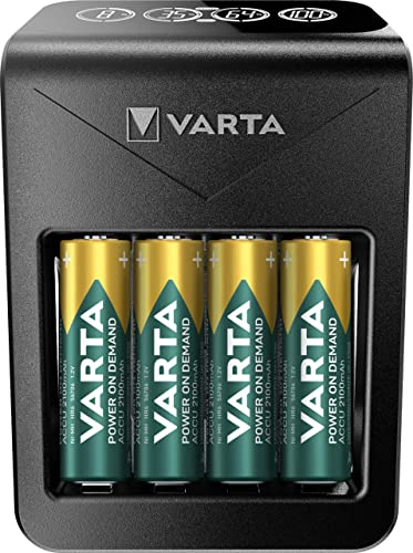 VARTA Cargador de Pilas incl. 4X AA 2100mAh recargables, cargador para pilas AA/AAA/C/D/9V recargables y dispositivos USB, Power on Demand LCD Charger+, carga a ranura única
