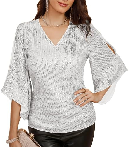 GRACE KARIN - Blusa da donna con maniche a 3/4, scollo a V, paillettes, adatta per cocktail party e feste | Camicette avvolgenti da sera per uscire clubwear camicia con paillettes taglie forti glitter scintillante top per le donne