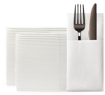 KLEENDOL 100-pack vita pappersservetter med inbyggd bestickficka engångspapper linne känsla servetter gäst renoverade för bestick 40 x 40 cm